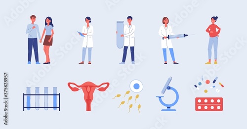 Set of medical symbols on topic of fertility, flat vector illustration isolated.