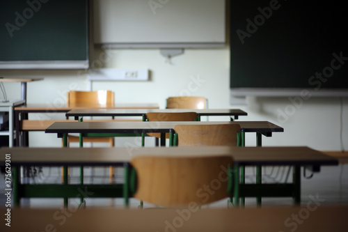 School furniture and chalkboards in an empty classroom shortly before the end of the school holidays in Germany as the Corona virus rages on.