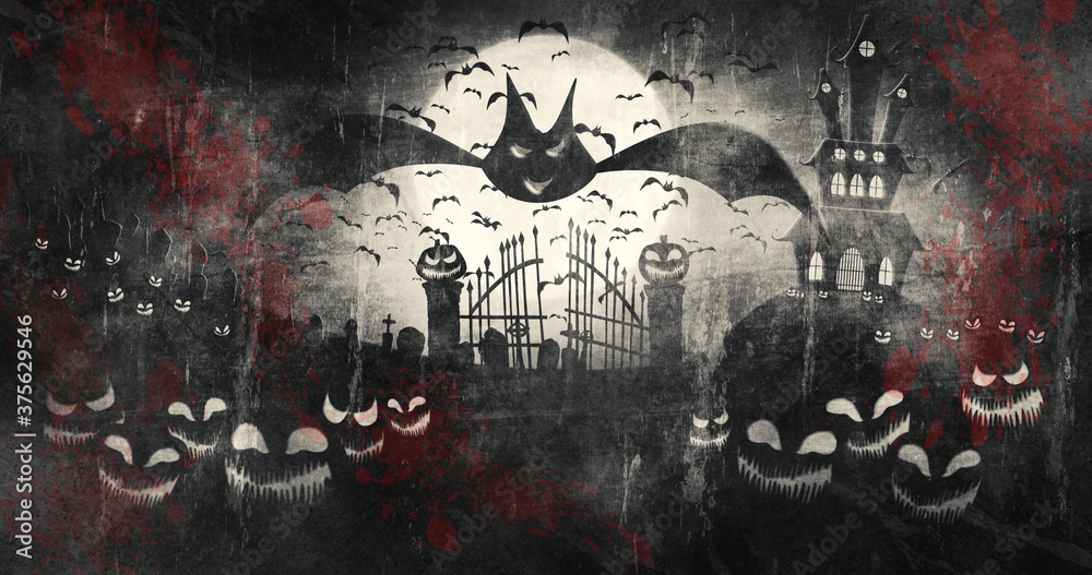 Halloween Pumpkins at Cemetery with Bats Flying against Full moon Sky and Haunted Mansion 3D illustration