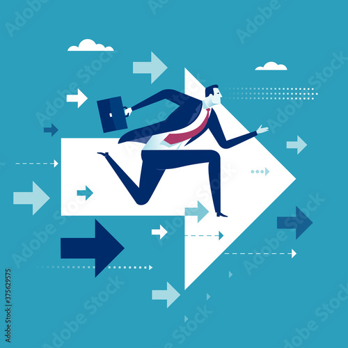 Leadership. The right direction. Business Progress Concept. Business man runs between arrow symbols to the success. Business vector illustration.