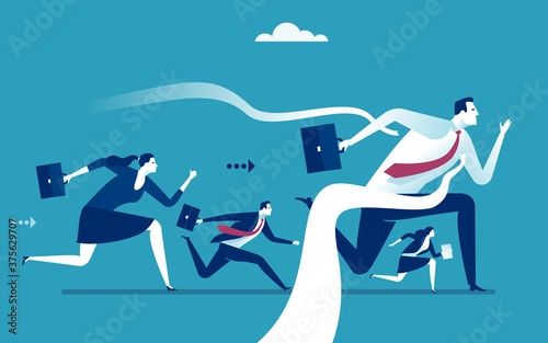 The Winner. Leadership. The manager wins the race and tears the finish line. Business vector illustration.
