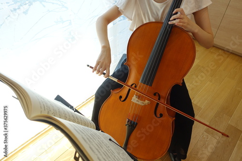 チェロを弾く女性　穏やかな光が射す部屋で　young woman playing the cello