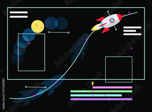 Animation designer vector illustration. Work at new art project. Flat design concept motion graphic, modeling artist job, video effect designer. Vector illustration with flying space rocket