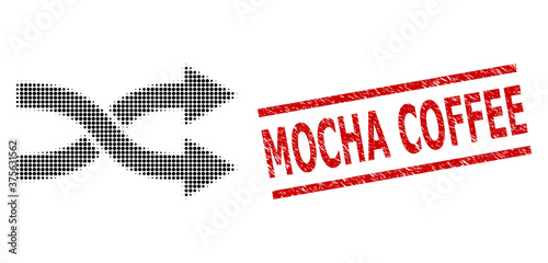 Shuffle arrows right halftone dotted illustration and Mocha Coffee scratched stamp seal. Stamp seal includes Mocha Coffee title between parallel lines.