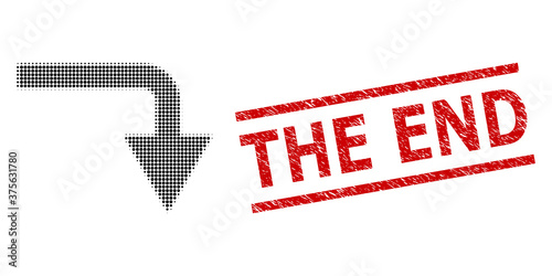Turn down halftone dotted vector and The End unclean stamp seal. Stamp includes The End caption between parallel lines.