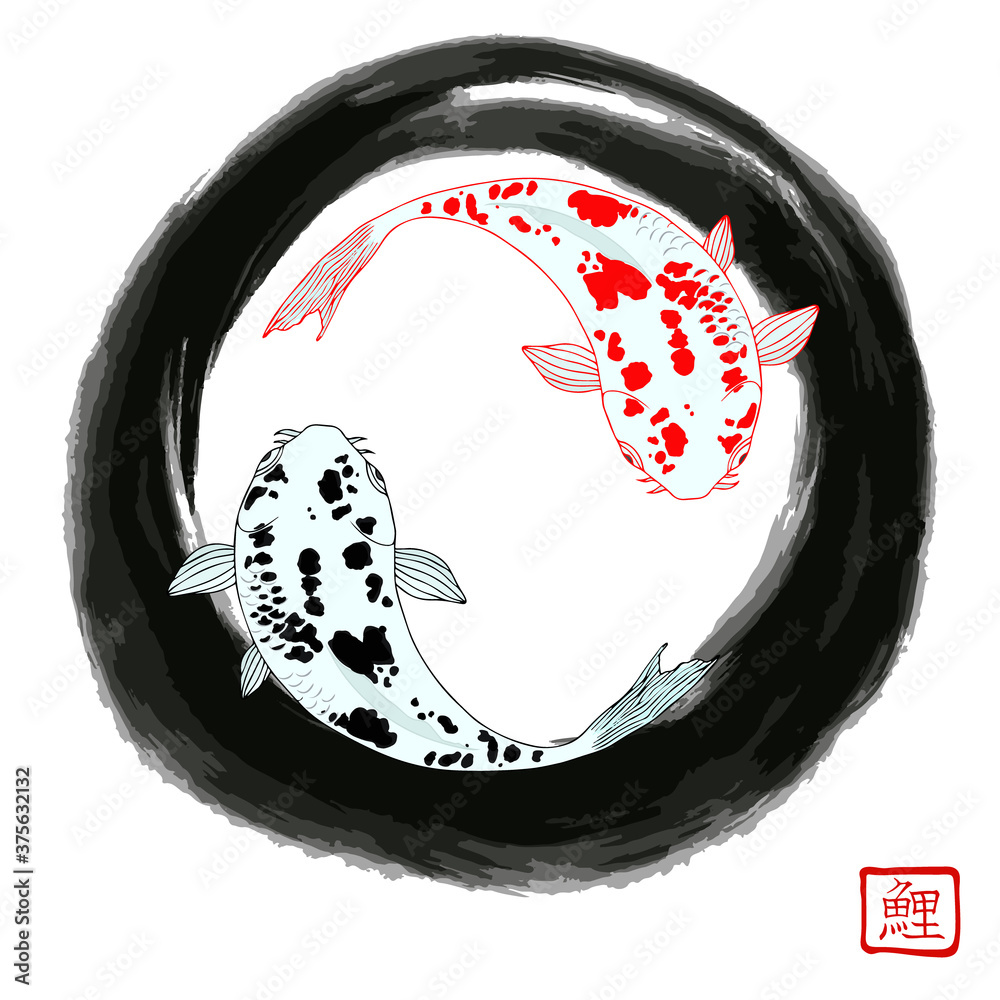 Vector japanese two fishes carp koi swimming on zen circle print with japanese stamp mean "carp
