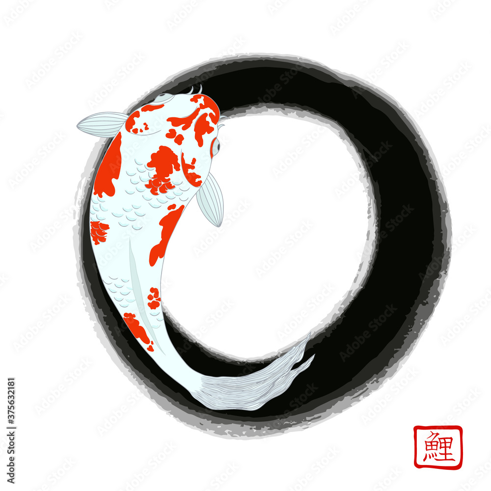 Vector japanese two fishes carp koi swimming on zen circle print with japanese stamp mean "carp