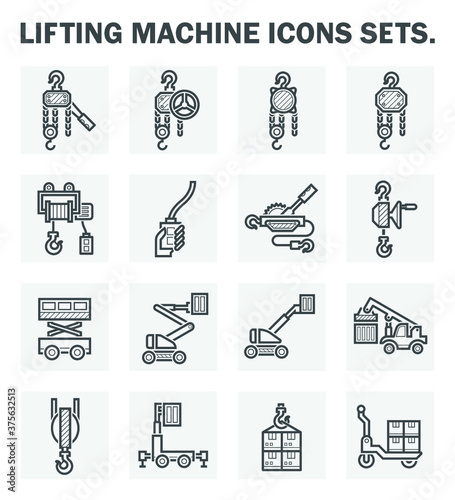Winch icon and other lifting equipment icon such as scissor lift, cherry picker, reach stacker etc for vary work and industry such as construction, production, rection, maintenance and warehousing. 