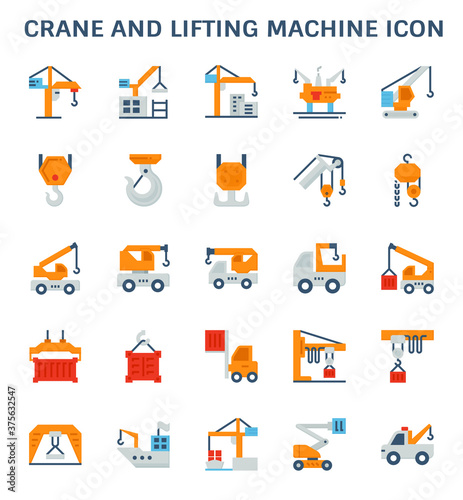 Crane icon or lifting equipment icon such as tower, crawler, mobile, gantry, overhead, jib, winch, etc. That using in construction, transportation, production etc industry. Vector icon design.