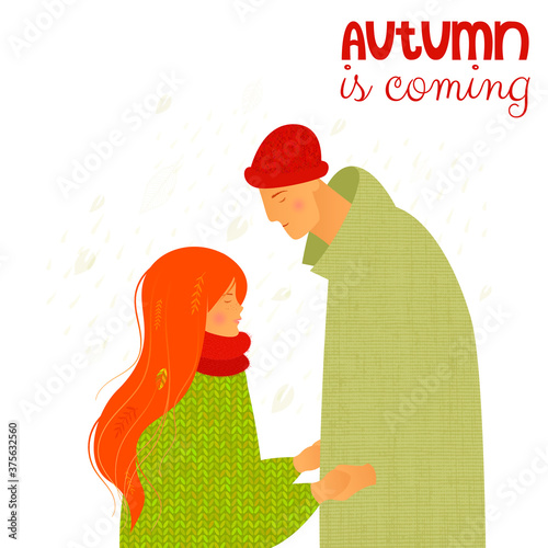 Vector lovely autumn card with with 
lovers with autumn leaves around. 
Beautiful woman  and man in warm autumn knitted clothes hold hands. Autumn concept for banner, postcards, t-shirt design, poster