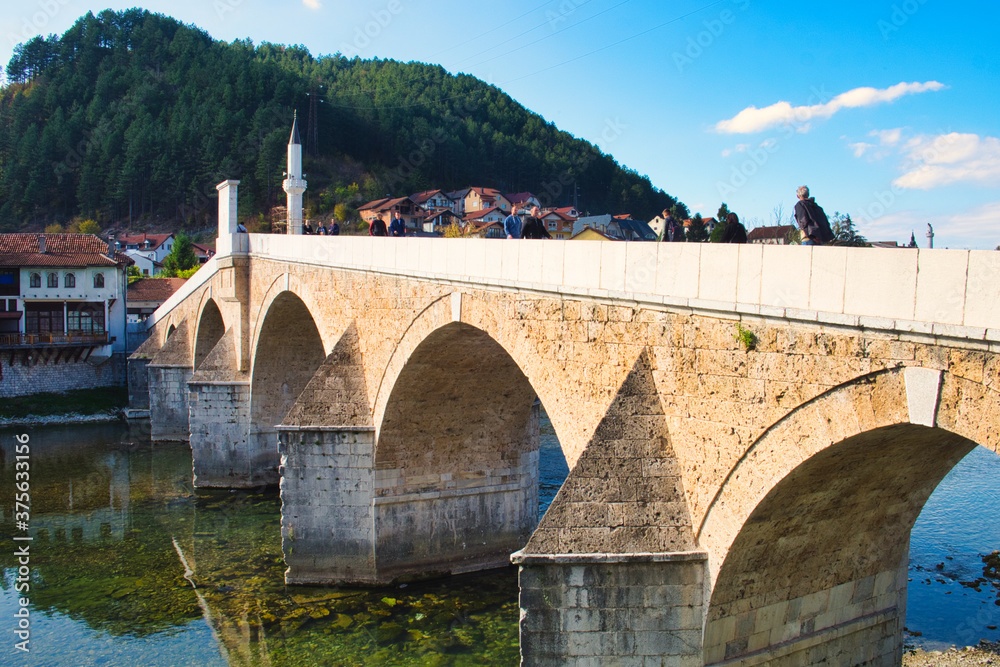 The old Ottoman town of Konjic, Bosnia and Herzegovina, is famous for medieval stone bridge across Neretva river
