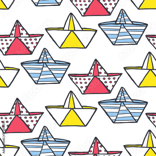 Seamless pattern of paper boats. Design for backdrops with sea, rivers texture. Image for a poster or cover. Vector illustration. Repeating texture. Figure for textiles.