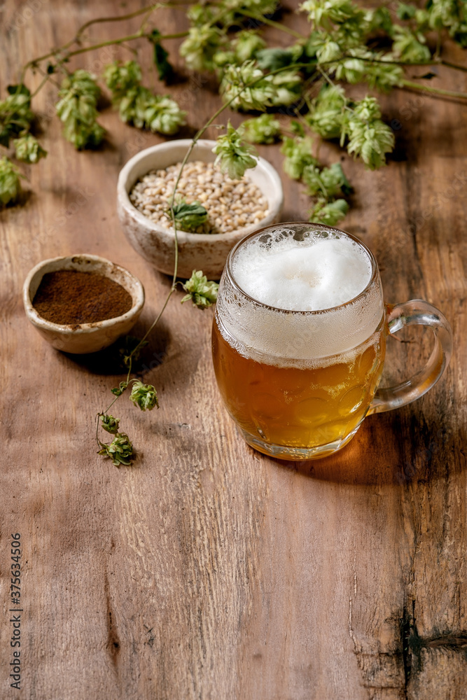 Classic glass mug of fresh cold foamy lager beer with green hop cones, wheat grain and red fermented malt in ceramic bowls behind over wooden texture background. Copy space Classic glass mug of fresh cold foamy lager beer with green hop cones, wheat grain and red fermented malt in ceramic bowls behind over wooden texture background. Copy space