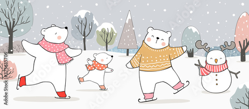 Draw polar bear on ice skates in snow.Winter and Christmas.