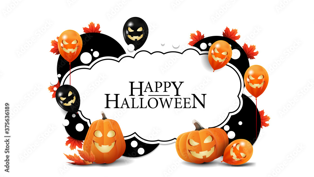 Fototapeta premium Happy Halloween, template of postcard for your arts with in the form of spots with pumpkins Jacks, balloons with Jack face and muple leafs