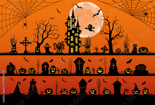 Set of halloween silhouettes black icons and characters. Vector illustration. Isolated on an orange background.
