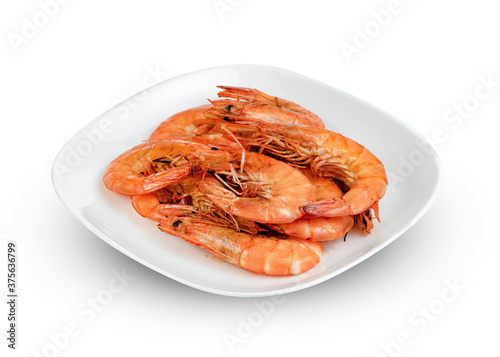 roasted prawn in dish isolated on white background ,grilled shrimp ,include clipping path