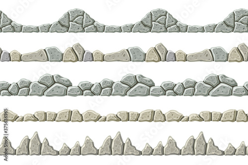 Set of seamless old gray border. Vector stone sidewalks for computer games isolated on white background.