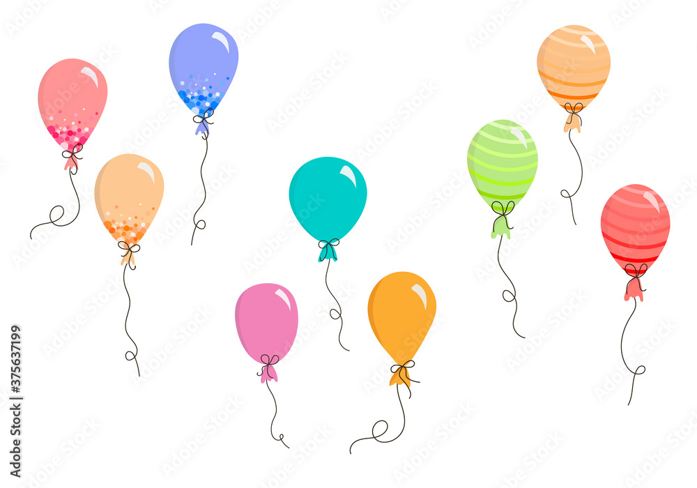 Set of vector balloons in Doodle style, colorful balloons for invitations, postcards, wedding, posters, holidays. Single elements on a white background