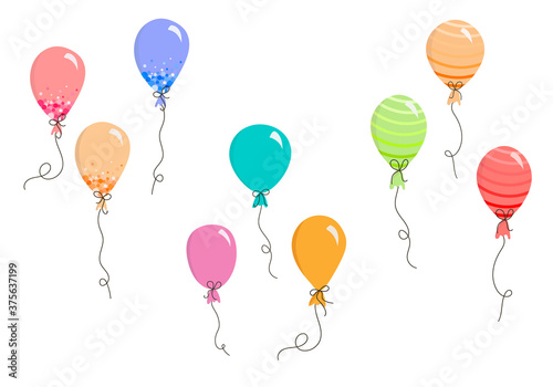 Set of vector balloons in Doodle style, colorful balloons for invitations, postcards, wedding, posters, holidays. Single elements on a white background