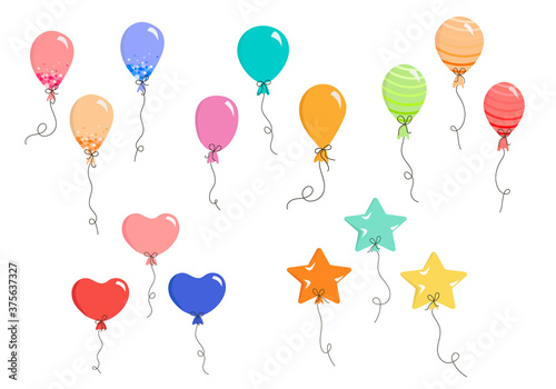 Set of vector balloons in Doodle style, colorful balloons for invitations, postcards, wedding, posters, holidays. Single elements on a white background