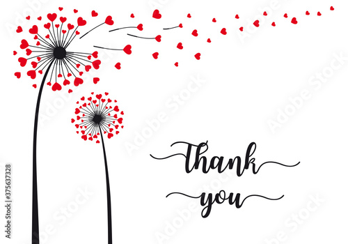 Dandelion with flying hearts, vector thank you card