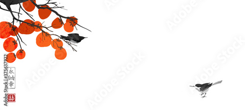 Persimmon tree with big orange fruit and two little birds. Traditional oriental ink painting sumi-e, u-sin, go-hua. Translation of hieroglyphs - eternity, freedom, happiness, double luck.