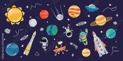 Collection of space icons in cartoon style. Clipart of various elements for your design. Illustrations of planets, rockets, and astronauts. Vector