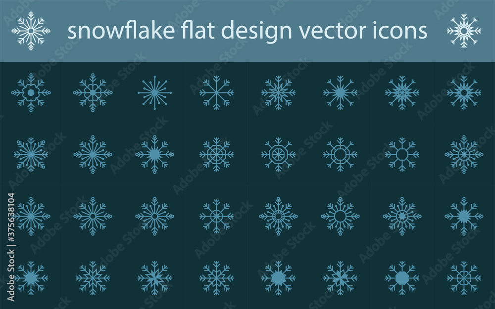 Set of snowflakes vector flat design icons on the dark background. Cute snow symbol of winter, Christmas and New Year. Set of snowflakes vector flat design icons on the dark background. Cute snow symbol of winter, Christmas and New Year.
