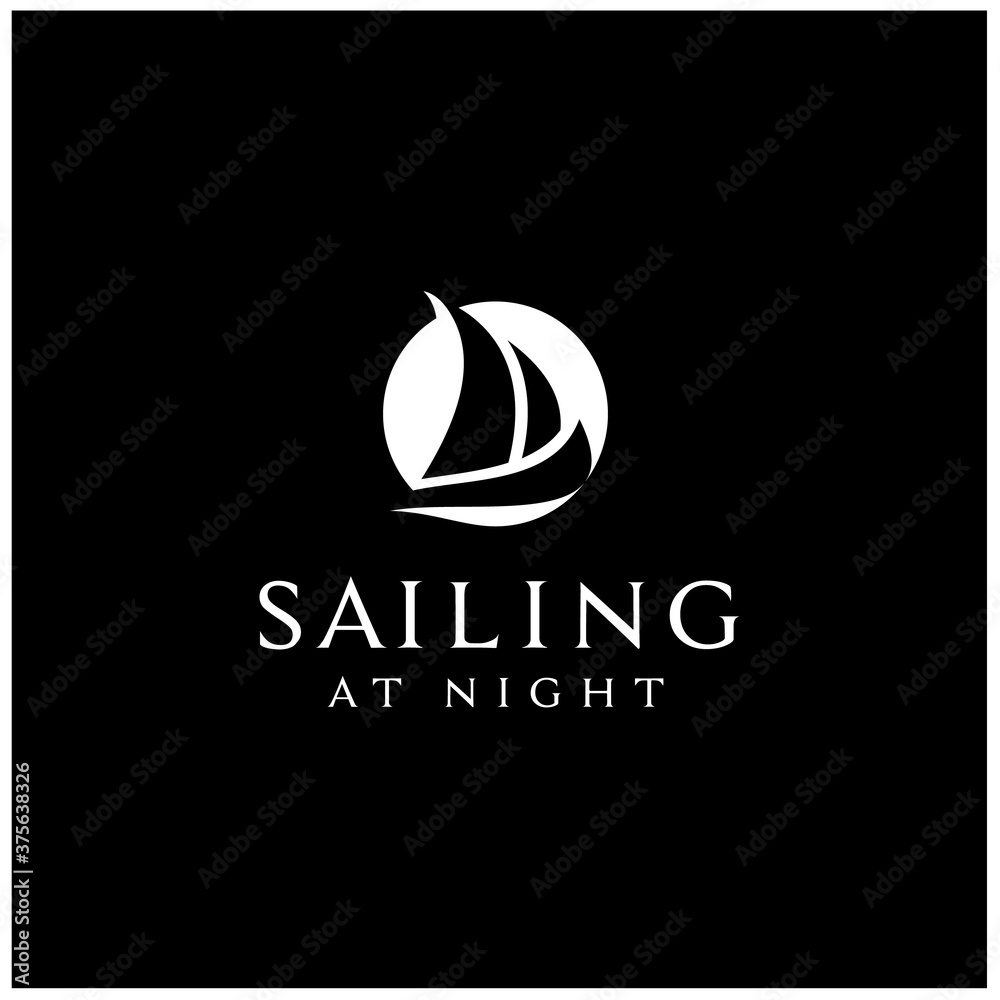Fototapeta premium Silhouette of Night Sailing Ship Boat at sea ocean logo design 