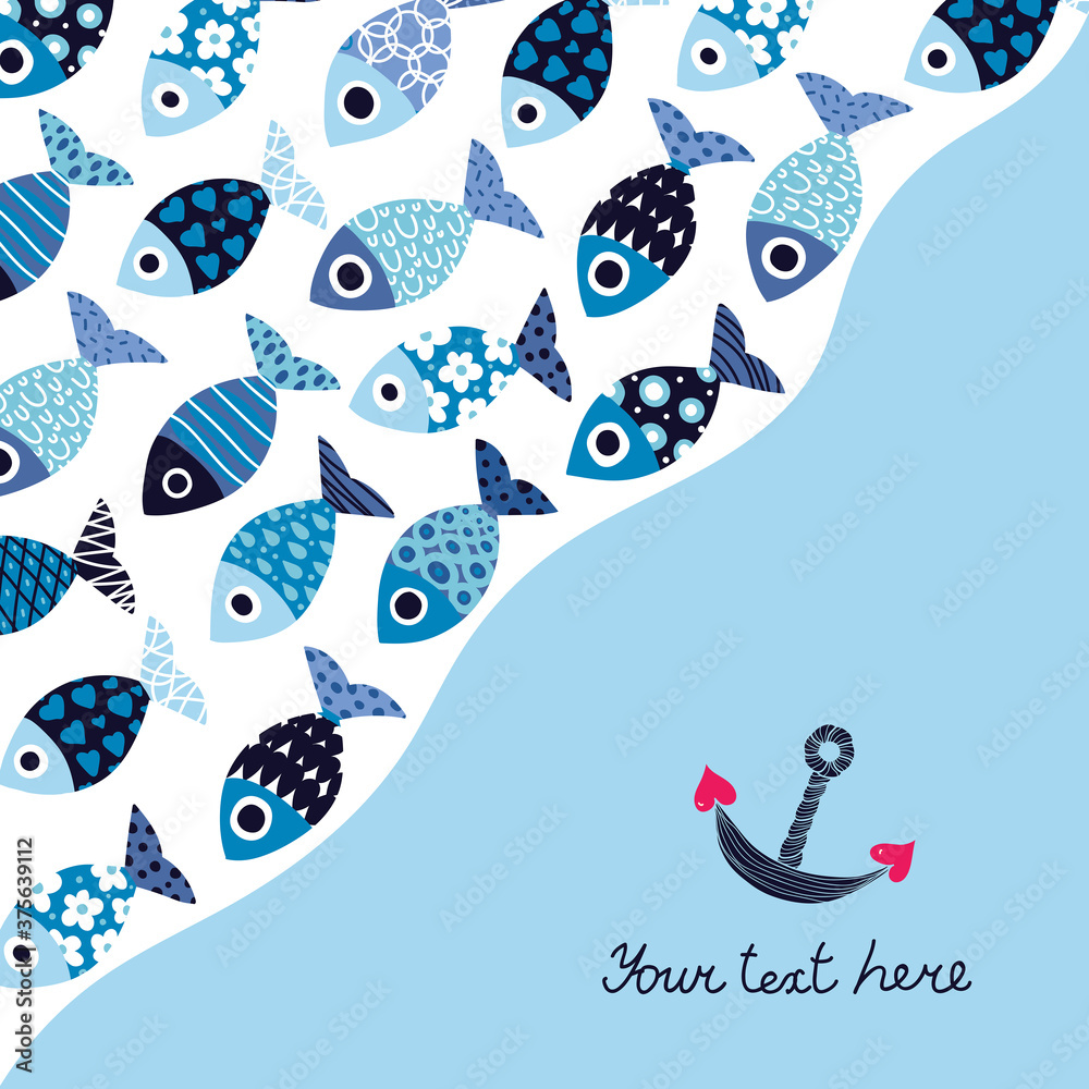 Fototapeta premium Cute fish card. Sea motif.
