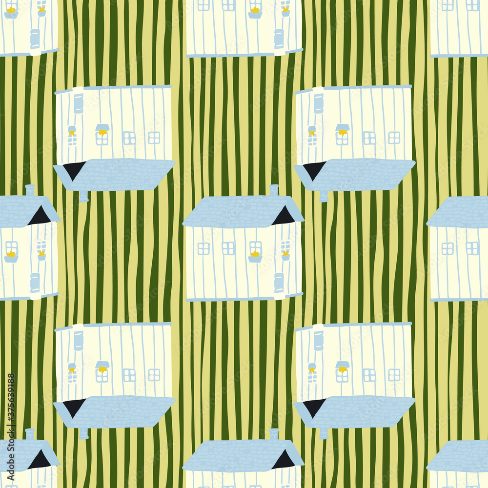 Light pastel houses silhouettes seamless pattern. Yellow stripped background. Stylized village print.