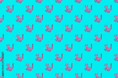 A pattern of pink cats with a proudly raised tail on a blue background. Positive.