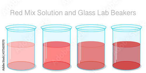 Red solution Stages. liquid in the glass lab beaker, container. Light pink to dark burgundy color fluid  gradient transition in flask. Transparent shiny lab glassware. Chemistry illustration 2d Vector