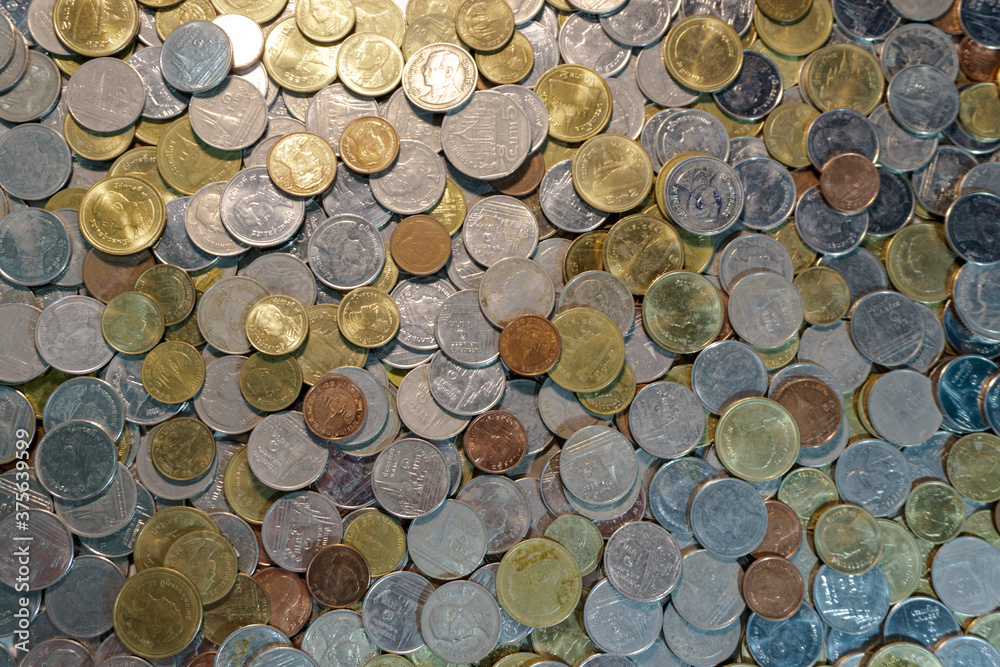 Thai baht coins in various colors, silver, gold, copper Thai baht coins in various colors, silver, gold, copper