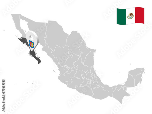 Location of South Lower California on map Mexico. 3d location sign  of South Lower . Quality map  with  provinces of  Mexico for your design. EPS10. photo