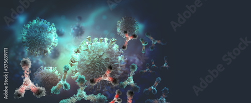 Virus under microscope. Antibodies and viral infection. Immune defense of body. Attack on antigens 3D illustration photo