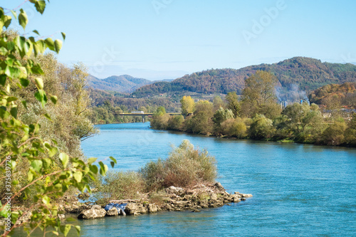 The sunny day on the Drina river on the natural border between Serbia and Bosnia and Herzegovina