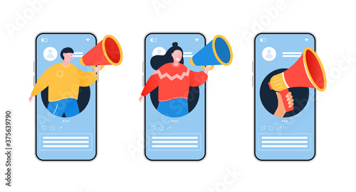 Social media influencer. Referral program, referral marketing, referring friends. Vector illustration.