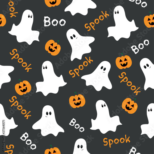 Halloween seamless pattern. Cute ghosts and pumpkins on gray backround. Good for textile print, wrapping and wall paper, decoration.