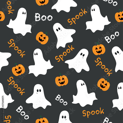 Halloween seamless pattern.  Cute ghosts and pumpkins on gray backround.
Good for textile print, wrapping and wall paper, decoration.