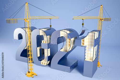Fototapeta Naklejka Na Ścianę i Meble -  New Year 2021 and cranes, blue version - construction concept, 3D illustration