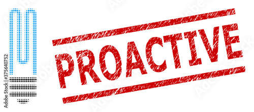 Fluorescent bulb halftone dotted vector and Proactive scratched stamp seal. Seal includes Proactive title between parallel lines.