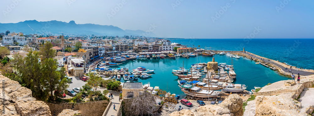 Panorama across Kyrenia town and harbour, Cyprus in springtime
