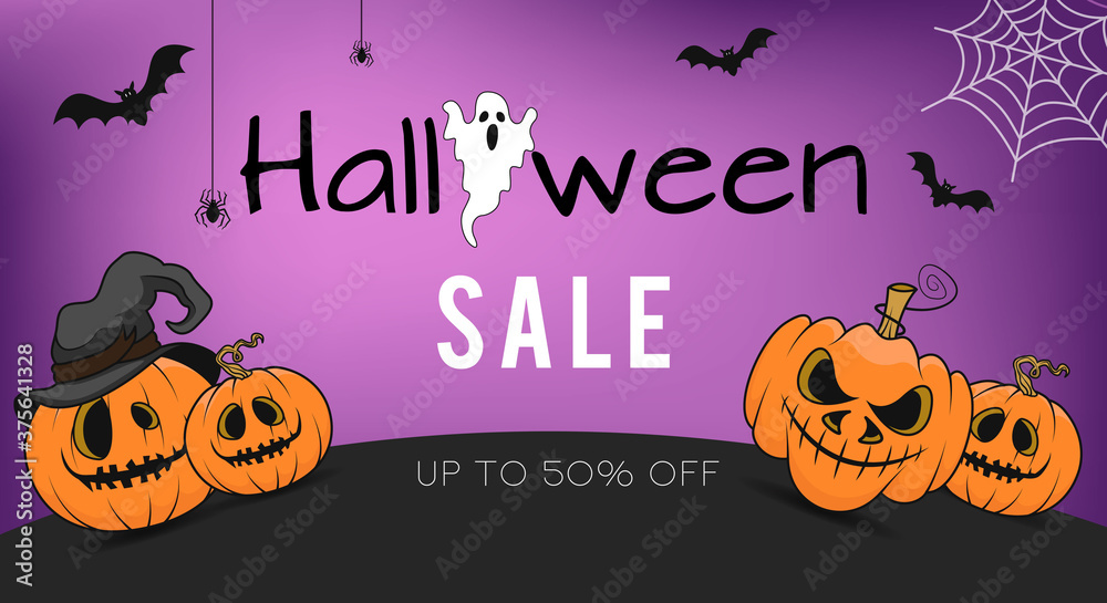 Halloween sale banner. Up to 50% off. Halloween special offer. Pumpkin, witch hat, ghost, spider and bat. Great for banner, voucher, offer, coupon, holiday sale. Vector illustration Halloween sale banner. Up to 50% off. Halloween special offer. Pumpkin, witch hat, ghost, spider and bat. Great for banner, voucher, offer, coupon, holiday sale. Vector illustration