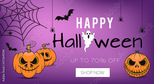 Halloween sale banner. Up to 50% off. Halloween special offer. Pumpkin, witch hat, ghost, spider and bat. Great for banner, voucher, offer, coupon, holiday sale. Vector illustration