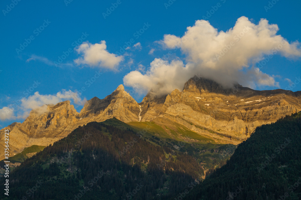 Mountain range Dents du Midi, Champéry, Switzerland (panorama, sun, summer)