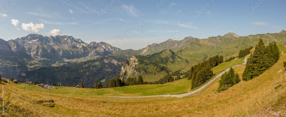 Landscape near Champery, Valais canton, Switzerland, with mountain range Dents Blanches, Panoramic view