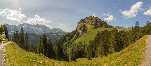 Landscape near Champery, Valais canton, Switzerland, with mountain range Dents Blanches, Panoramic view © AventuraSur