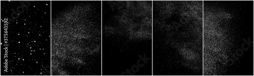 Set of distressed white grainy texture. Dust overlay textured. Grain noise particles. Snow effects pack. Rusted black background. Vector illustration, EPS 10.   
